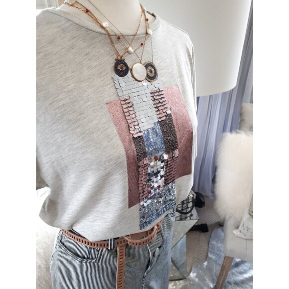EUC Zara heather grey short sleeve t-shirt w/ sequins & painted accents, L - Picture 6 of 14